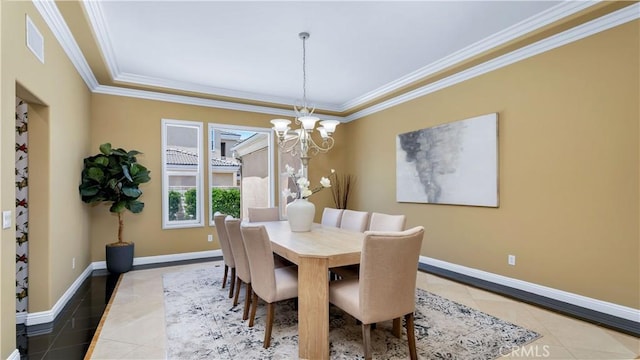2225 Wind River Ln, Rowland Heights, CA 91748 - tiled dining space featuring a chandelier, crown molding, inlaid floor details, and baseboards