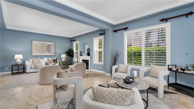 2225 Wind River Ln, Rowland Heights, CA 91748 - living area featuring ornamental molding, baseboards, and a glass covered fireplace