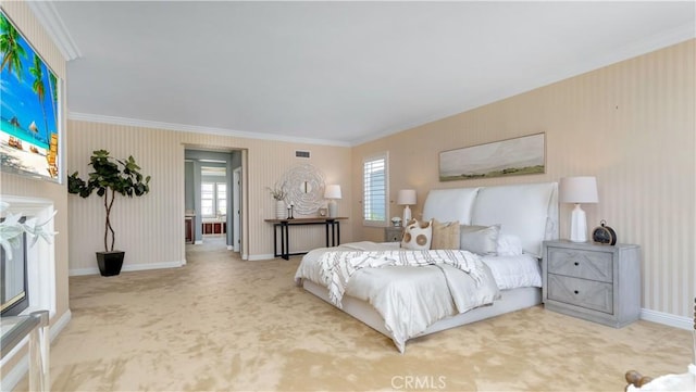 2225 Wind River Ln, Rowland Heights, CA 91748 - carpeted bedroom with crown molding, baseboards, and wallpapered walls