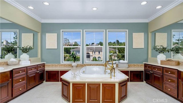 2225 Wind River Ln, Rowland Heights, CA 91748 - bathroom featuring a bath, ornamental molding, recessed lighting, vanity, and tile patterned flooring