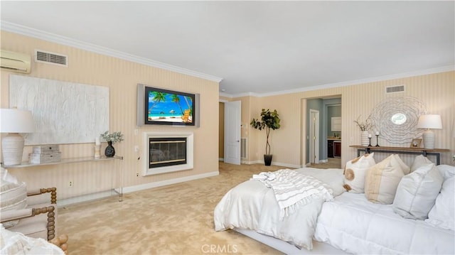 2225 Wind River Ln, Rowland Heights, CA 91748 - carpeted bedroom featuring ornamental molding, baseboards, an AC wall unit, and a glass covered fireplace