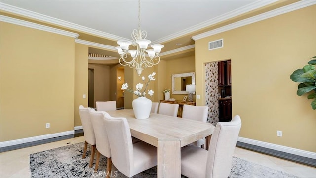 2225 Wind River Ln, Rowland Heights, CA 91748 - dining room featuring ornamental molding, a chandelier, baseboards, and tile patterned floors