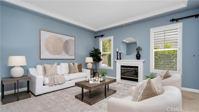 2225 Wind River Ln, Rowland Heights, CA 91748 - living room with baseboards, ornamental molding, and a glass covered fireplace