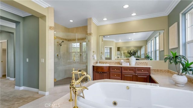 2225 Wind River Ln, Rowland Heights, CA 91748 - bathroom with a shower stall, double vanity, a tub with jets, crown molding, and plenty of natural light