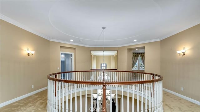 2225 Wind River Ln, Rowland Heights, CA 91748 - hall with carpet floors, baseboards, recessed lighting, crown molding, and an upstairs landing