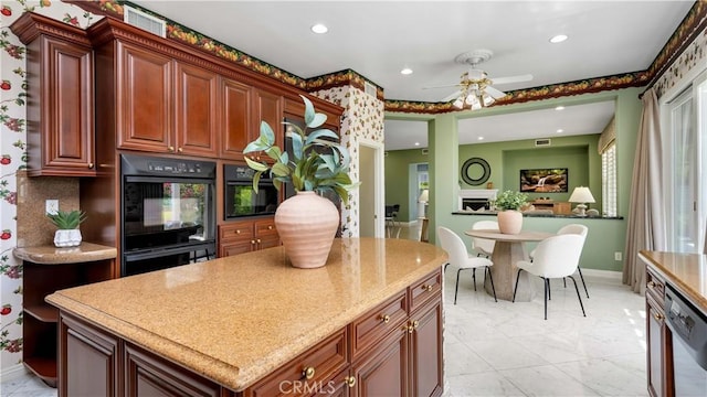 2225 Wind River Ln, Rowland Heights, CA 91748 - kitchen featuring dishwasher, baseboards, recessed lighting, ceiling fan, and a kitchen island