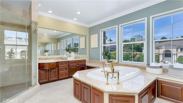 2225 Wind River Ln, Rowland Heights, CA 91748 - bathroom with healthy amount of natural light, vanity, crown molding, a stall shower, and a bath