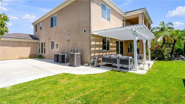 2225 Wind River Ln, Rowland Heights, CA 91748 - back of house featuring a pergola, an outdoor living space, a patio area, and central AC
