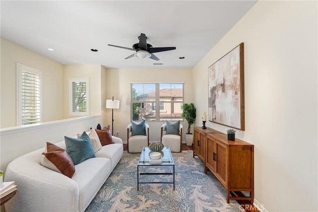33 Lacebark, Irvine, CA 92618 - living area featuring a ceiling fan, baseboards, wood finished floors, and recessed lighting