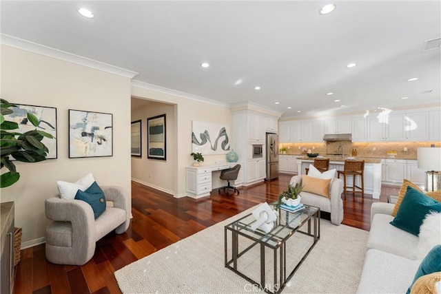 33 Lacebark, Irvine, CA 92618 - living room with baseboards, recessed lighting, crown molding, wood finished floors, and an office area