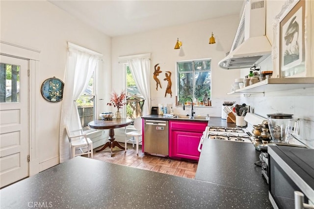256 E 1st Ave, Chico, CA 95926 - kitchen with stainless steel dishwasher, custom exhaust hood, open shelves, and white range with gas cooktop