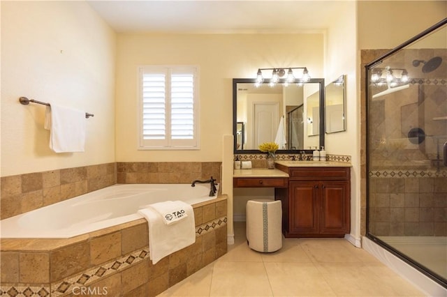 12920 Evermay Ct, Rancho Cucamonga, CA 91739 - full bathroom with a bath, vanity, a stall shower, and tile patterned floors
