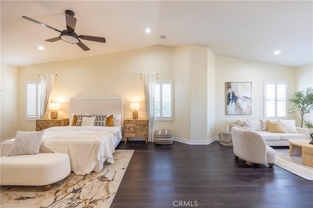 12920 Evermay Ct, Rancho Cucamonga, CA 91739 - bedroom with lofted ceiling, multiple windows, wood finished floors, recessed lighting, and baseboards