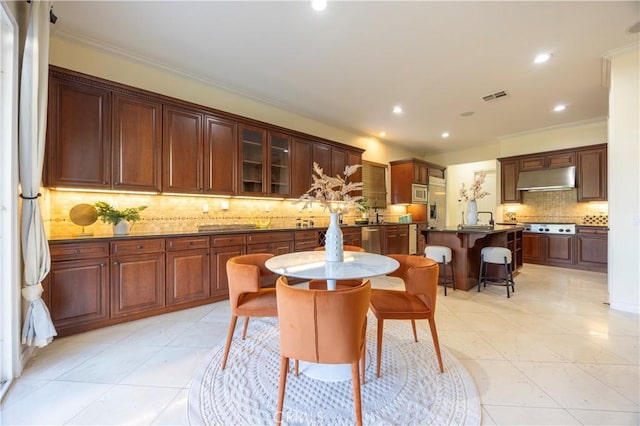 12920 Evermay Ct, Rancho Cucamonga, CA 91739 - dining area featuring recessed lighting, light tile patterned flooring, and crown molding