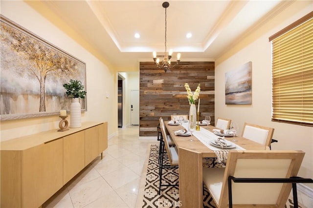 12920 Evermay Ct, Rancho Cucamonga, CA 91739 - dining space featuring wood walls, a chandelier, a tray ceiling, recessed lighting, and light tile patterned floors