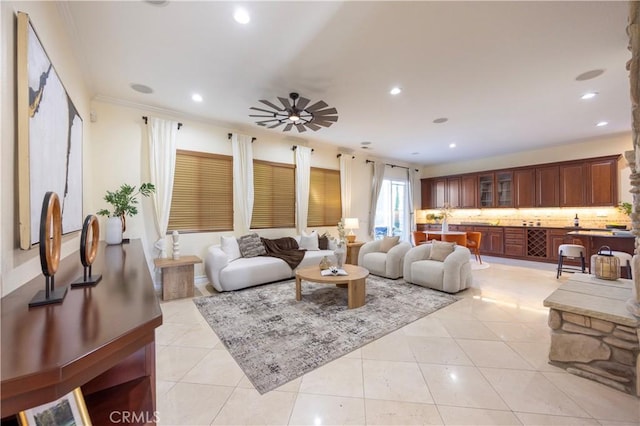 12920 Evermay Ct, Rancho Cucamonga, CA 91739 - living room with light tile patterned flooring, recessed lighting, a ceiling fan, and ornamental molding