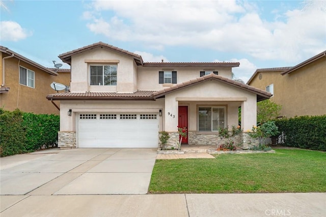 943 Solem St, Azusa, CA 91702 - mediterranean / spanish-style home with stone siding, driveway, a garage, and a front lawn