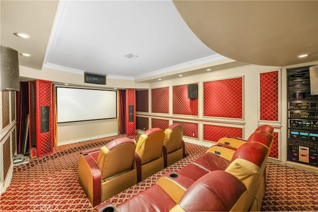 4204 Woodleigh Ln, La Canada Flintridge, CA 91011 - carpeted home theater room with recessed lighting and ornamental molding