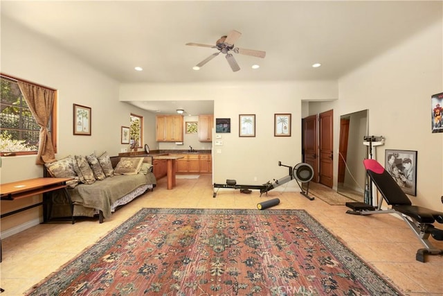 4204 Woodleigh Ln, La Canada Flintridge, CA 91011 - living area featuring baseboards, ceiling fan, recessed lighting, and light tile patterned flooring