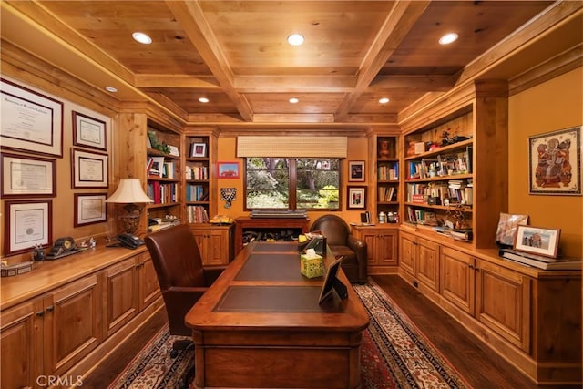 4204 Woodleigh Ln, La Canada Flintridge, CA 91011 - office area featuring wooden ceiling with exposed beams, dark wood-style flooring, built in features, recessed lighting, and built in desk