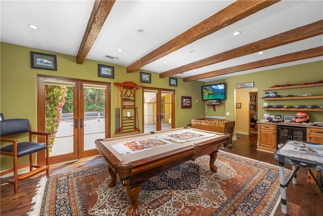 4204 Woodleigh Ln, La Canada Flintridge, CA 91011 - playroom featuring french doors, dark wood-type flooring, recessed lighting, beam ceiling, and baseboards