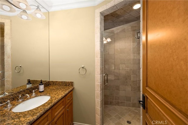 4204 Woodleigh Ln, La Canada Flintridge, CA 91011 - bathroom featuring crown molding, vanity, and a stall shower