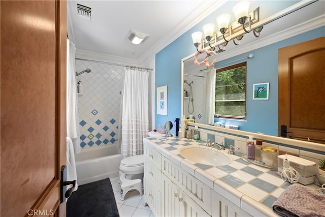 4204 Woodleigh Ln, La Canada Flintridge, CA 91011 - bathroom with vanity, shower / bath combo with shower curtain, toilet, tile patterned floors, and crown molding