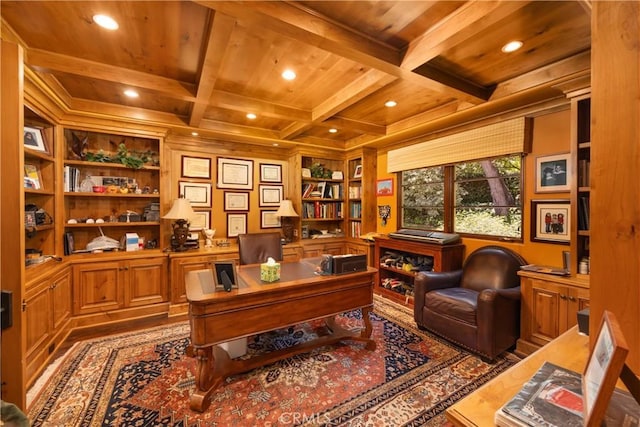 4204 Woodleigh Ln, La Canada Flintridge, CA 91011 - office area featuring wooden ceiling with exposed beams, recessed lighting, coffered ceiling, wood finished floors, and built in shelves