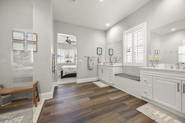508 Autumn Path Ln, Santa Paula, CA 93060 - ensuite bathroom featuring vanity, wood finished floors, ceiling fan, recessed lighting, and baseboards