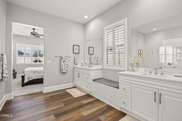 508 Autumn Path Ln, Santa Paula, CA 93060 - full bathroom featuring two vanities, wood finished floors, ceiling fan, connected bathroom, and recessed lighting