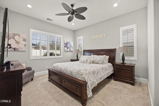508 Autumn Path Ln, Santa Paula, CA 93060 - bedroom featuring light carpet, baseboards, recessed lighting, and ceiling fan