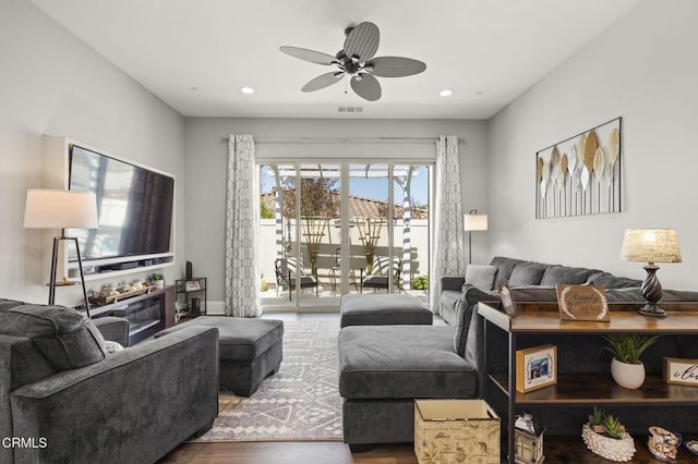 508 Autumn Path Ln, Santa Paula, CA 93060 - living room featuring wood finished floors, ceiling fan, and recessed lighting