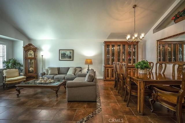 960 Via Serana, Upland, CA 91784 - living room featuring vaulted ceiling, a chandelier, and baseboards