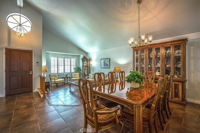960 Via Serana, Upland, CA 91784 - dining space featuring a chandelier, high vaulted ceiling, and baseboards