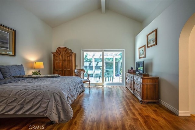 960 Via Serana, Upland, CA 91784 - bedroom featuring arched walkways, wood finished floors, beam ceiling, high vaulted ceiling, and access to exterior