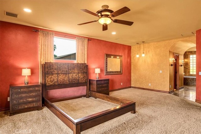 57934 Juarez Dr, Yucca Valley, CA 92284 - bedroom featuring carpet, arched walkways, recessed lighting, and a ceiling fan