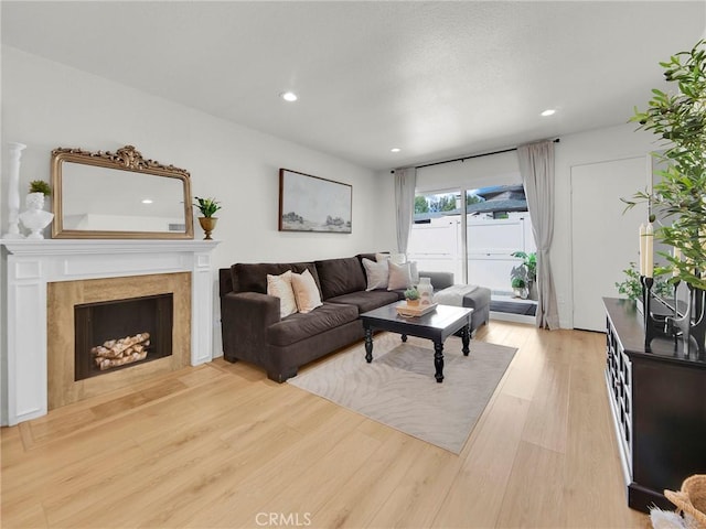 28839 Conejo View Dr, Agoura Hills, CA 91301 - living area featuring light wood-type flooring, recessed lighting, and a premium fireplace