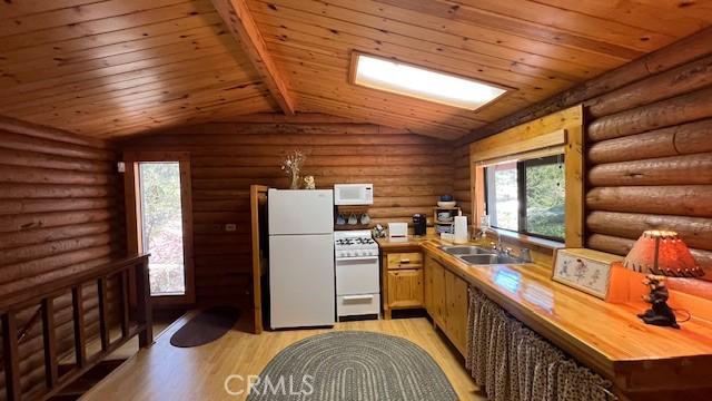 33796 Cedar Pines Ln, Green Valley Lake, CA 92341 - kitchen featuring white appliances, a sink, light wood-style floors, plenty of natural light, and wooden ceiling