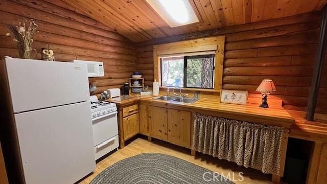 33796 Cedar Pines Ln, Green Valley Lake, CA 92341 - kitchen with white appliances, a sink, log walls, wood ceiling, and light wood-style floors