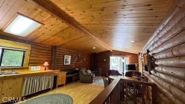 33796 Cedar Pines Ln, Green Valley Lake, CA 92341 - rec room featuring rustic walls, wooden ceiling, and wood finished floors