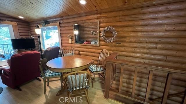 33796 Cedar Pines Ln, Green Valley Lake, CA 92341 - dining area with plenty of natural light, rustic walls, wood finished floors, wooden ceiling, and recessed lighting