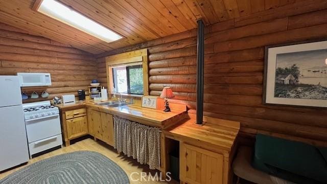 33796 Cedar Pines Ln, Green Valley Lake, CA 92341 - kitchen with white appliances, a sink, rustic walls, lofted ceiling, and wood ceiling