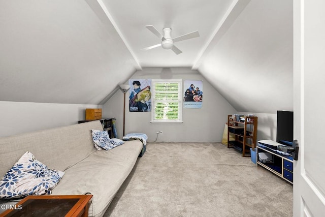 2156 Las Lunas St, Pasadena, CA 91107 - living area featuring carpet, vaulted ceiling, and a ceiling fan
