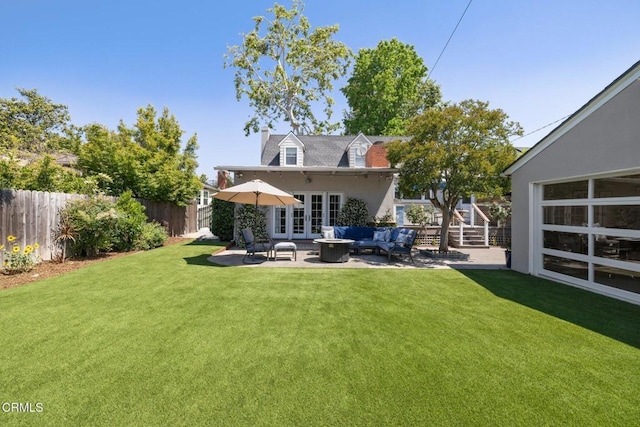2156 Las Lunas St, Pasadena, CA 91107 - back of property featuring an outdoor living space, french doors, a patio, a fenced backyard, and stucco siding