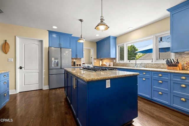 2156 Las Lunas St, Pasadena, CA 91107 - kitchen featuring blue cabinetry, appliances with stainless steel finishes, dark wood finished floors, tasteful backsplash, and recessed lighting