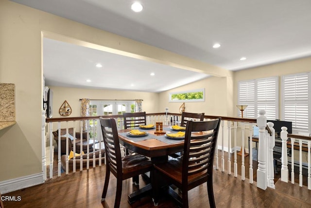 2156 Las Lunas St, Pasadena, CA 91107 - dining room featuring wood finished floors, recessed lighting, lofted ceiling, and french doors