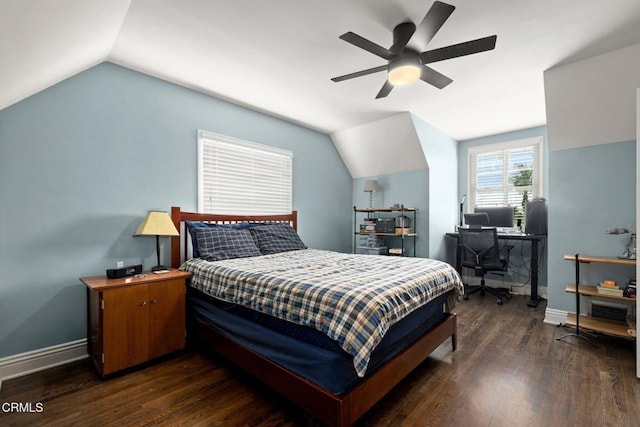2156 Las Lunas St, Pasadena, CA 91107 - bedroom featuring vaulted ceiling, dark wood-type flooring, a ceiling fan, and an office area
