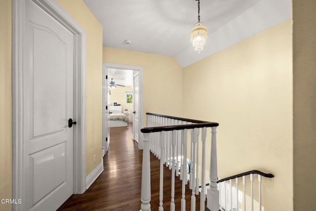 2156 Las Lunas St, Pasadena, CA 91107 - corridor featuring wood finished floors, an upstairs landing, a chandelier, and vaulted ceiling