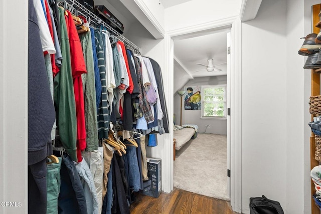 2156 Las Lunas St, Pasadena, CA 91107 - walk in closet featuring a ceiling fan, wood finished floors, and vaulted ceiling