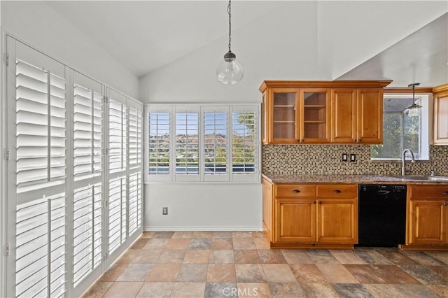 26966 Flo Ln Unit 318, Canyon Country, CA 91351 - kitchen with dishwasher, brown cabinets, decorative backsplash, pendant lighting, and glass insert cabinets